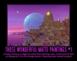 Those Wonderful Matte Paintings #1 --- A Kaylar Fortress on Rigel VII where Pike lost three men, or the home of Flint on Holberg 917-G in the Omega system. Recycling never looked so good!